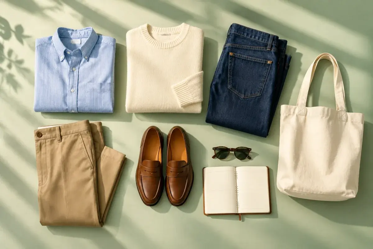 Overhead editorial illustration of a capsule wardrobe with separates, shoes, and a paper planner