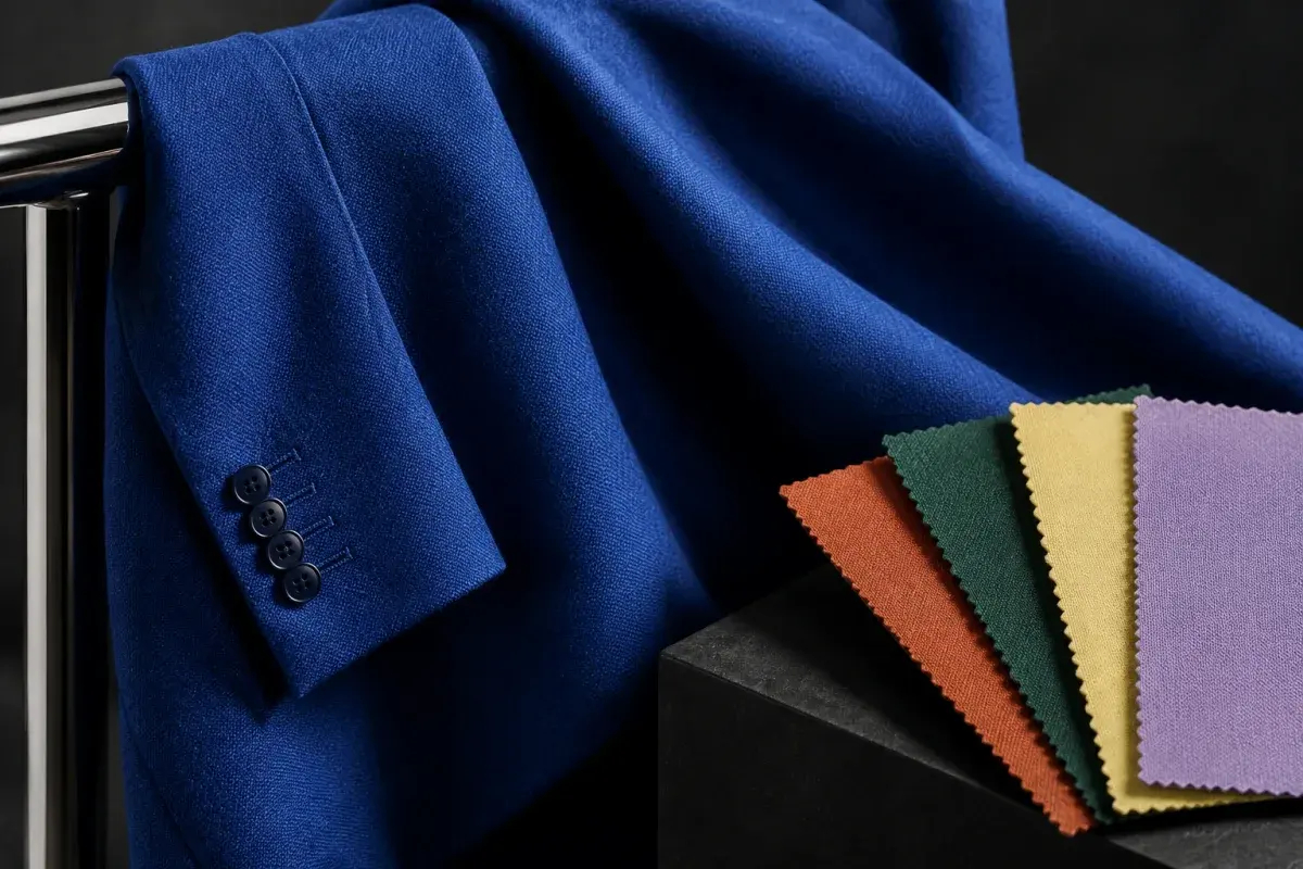 Editorial illustration of blue tailoring fabric and textile swatches for changing the color of clothes in a photo