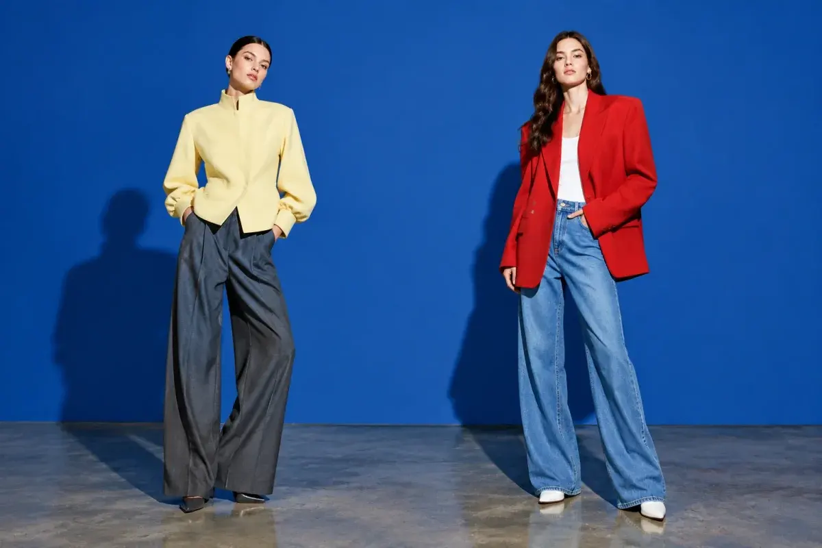 Editorial illustration of two distinct fashion looks in a cobalt studio, representing outfit choices