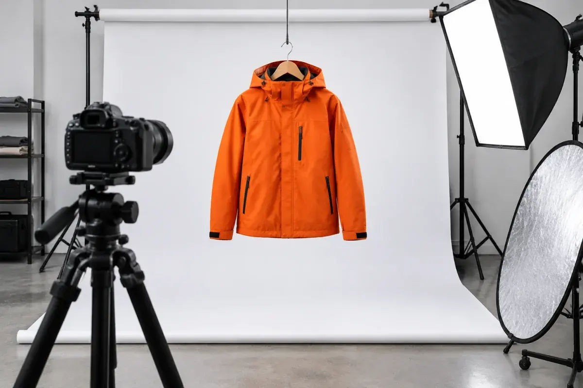 Editorial illustration of an orange jacket on a studio backdrop with a camera, softbox, and reflector