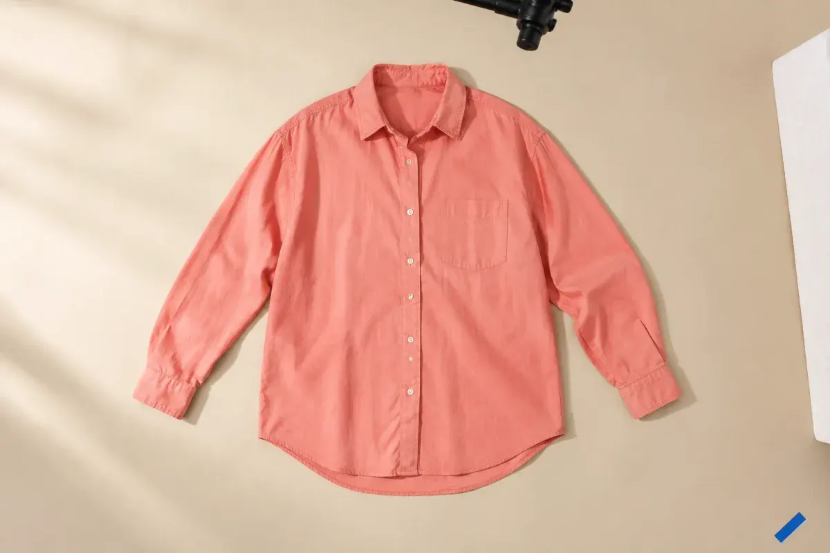 Editorial illustration of a coral shirt arranged for flat lay clothing photography on a sand-colored background
