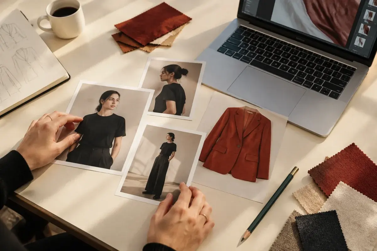 Editorial illustration of a photo editing desk with fashion prints, a laptop, and garment references