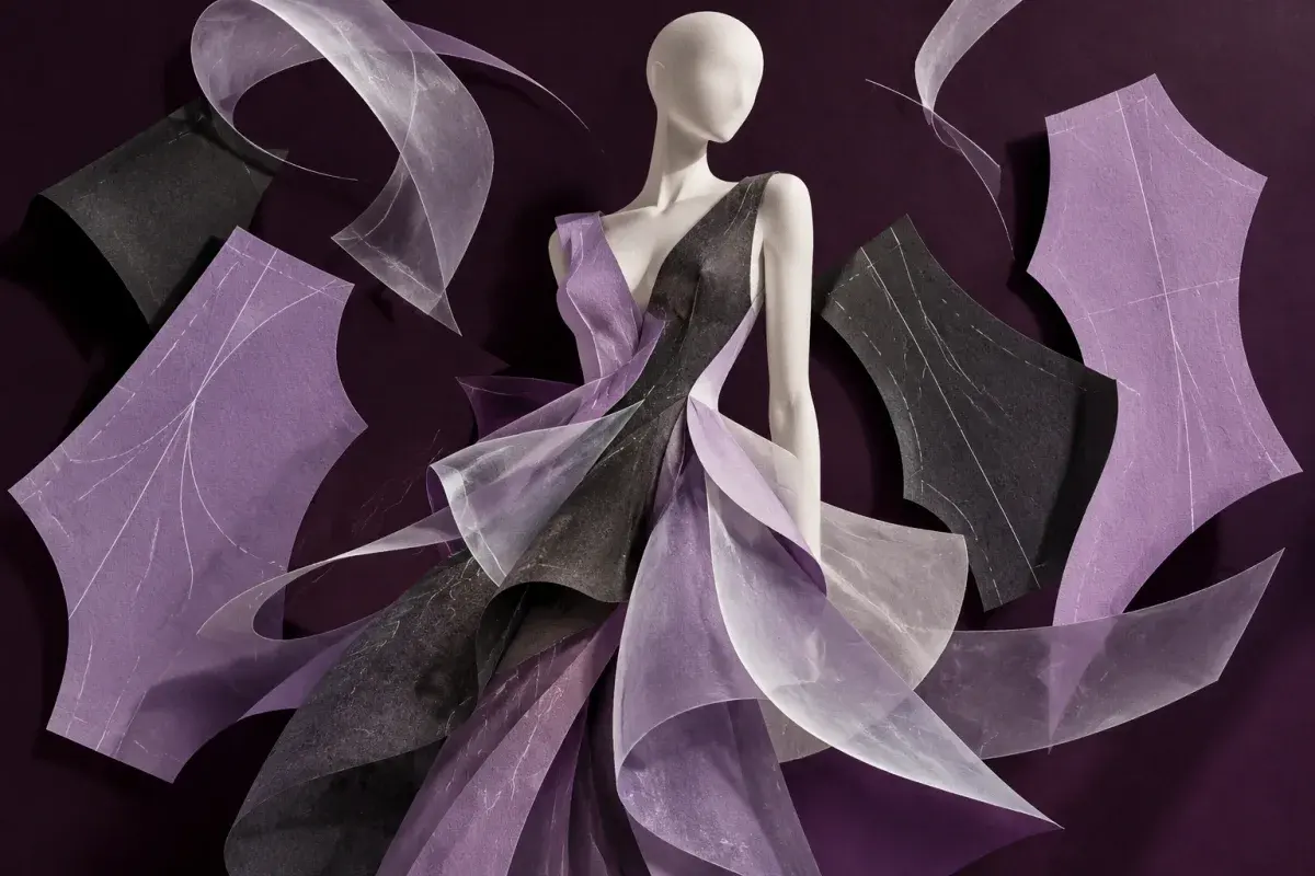 Cut-paper illustration of garment patterns around a mannequin, illustrating virtual try-on