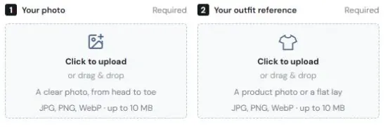 Your photo and Your outfit reference upload areas in the homepage studio