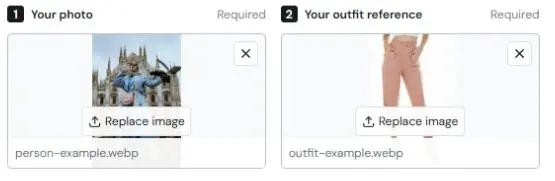 The two upload areas with example person and outfit photos loaded